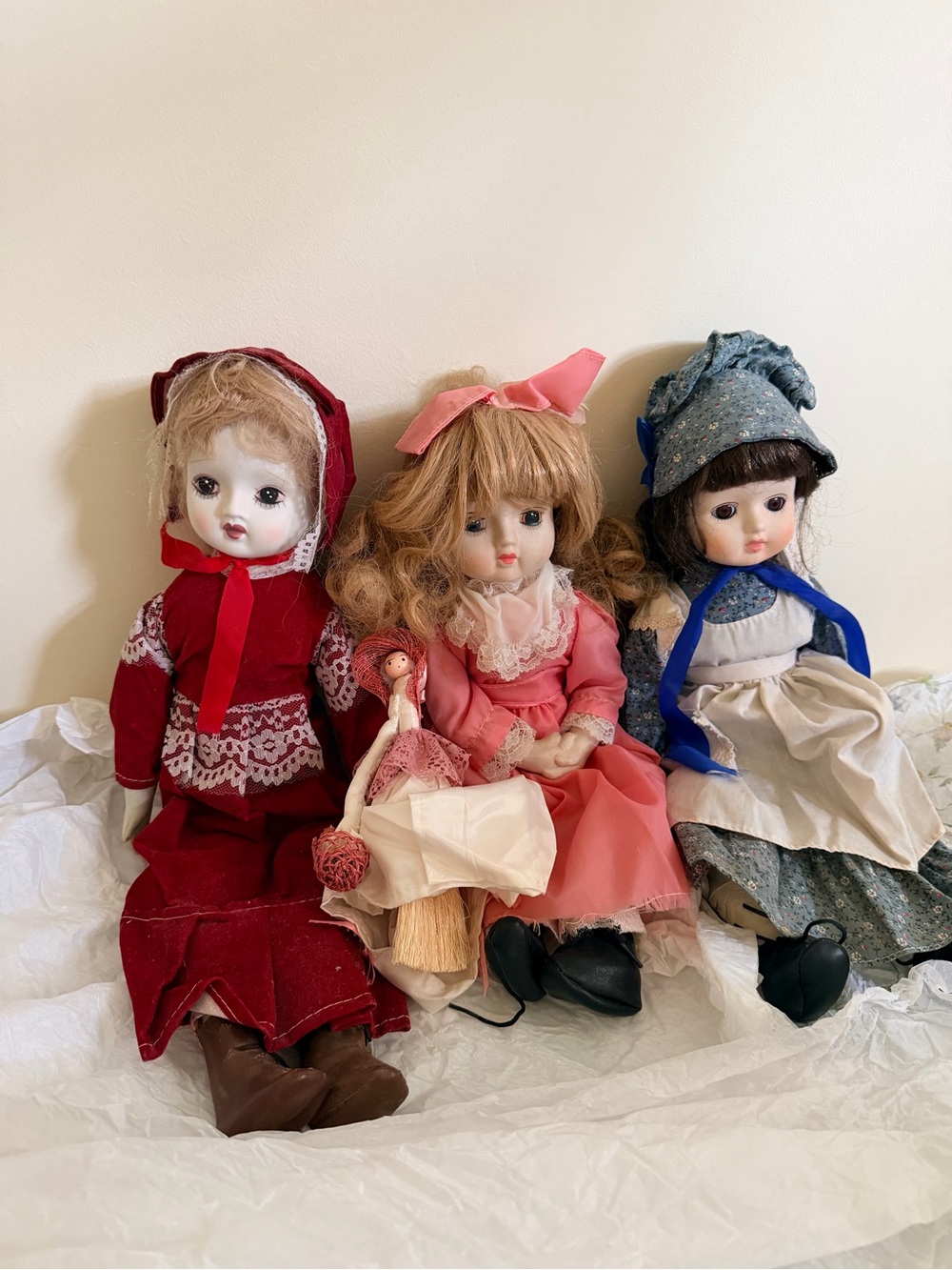 3 Vintage Porcelain Dolls plus on vintage cornhusk doll